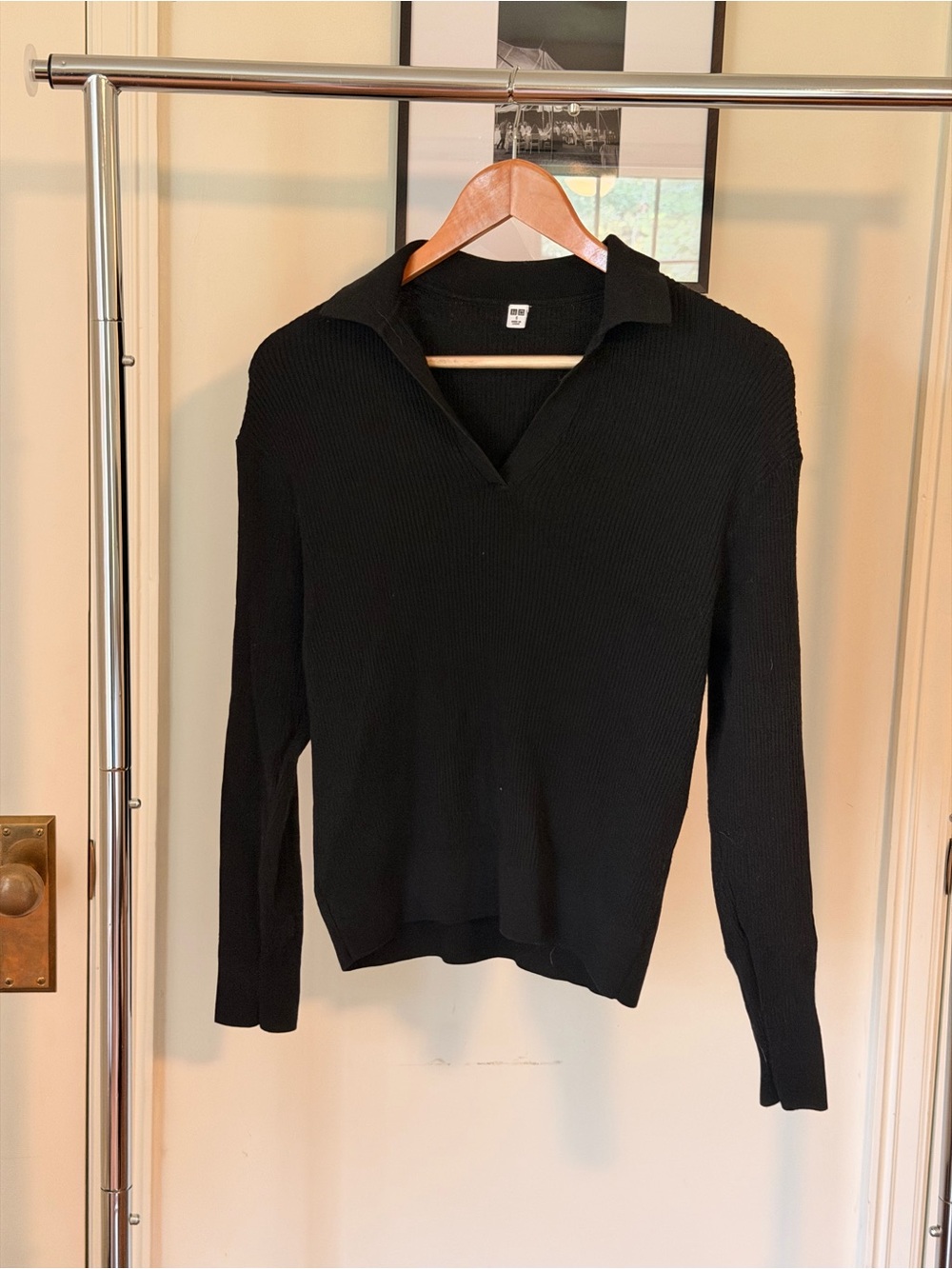 Uniqlo Black Ribbed Collared V-Neck Sweater